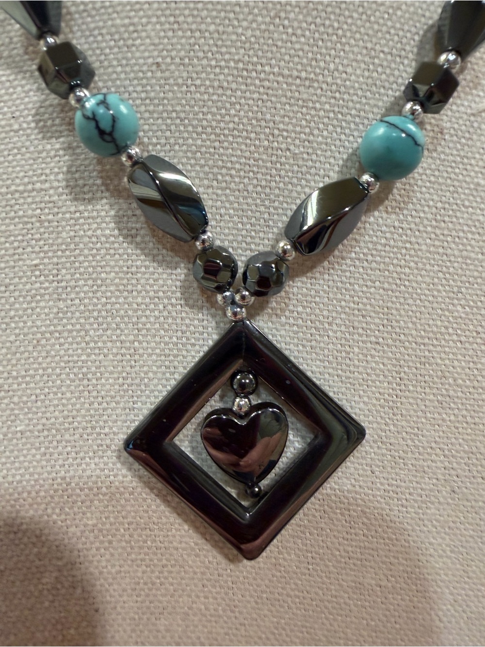 16 inch Hematite Heart Pendant Necklace with Turquoise Beads